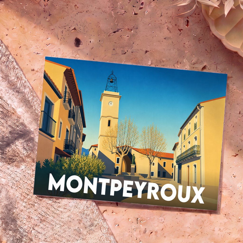 Carte postale souvenir de la ville de Montpeyroux illustrant sa tour de l'horloge dans un style graphique épuré.