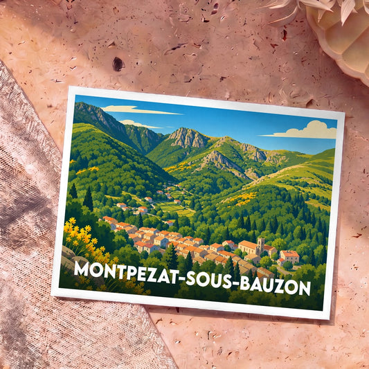 Carte postale souvenir de la ville de Montpezat-sous-Bauzon avec une illustration stylisée de son paysage montagneux.