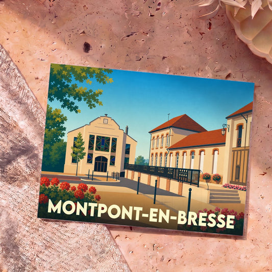 Carte postale souvenir de la ville de Montpont-en-Bresse avec une illustration stylisée de ses bâtiments typiques.