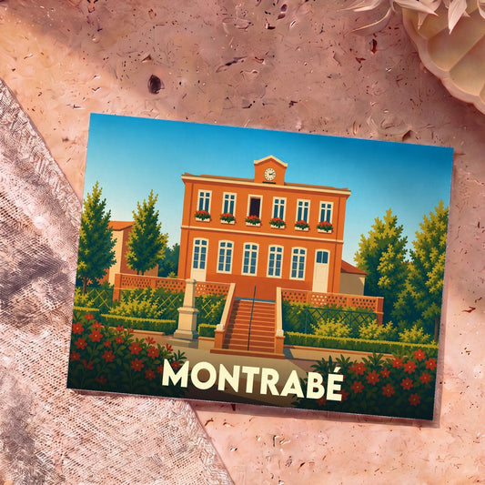 Carte postale souvenir de la ville de Montrabé avec une illustration stylisée de sa mairie.