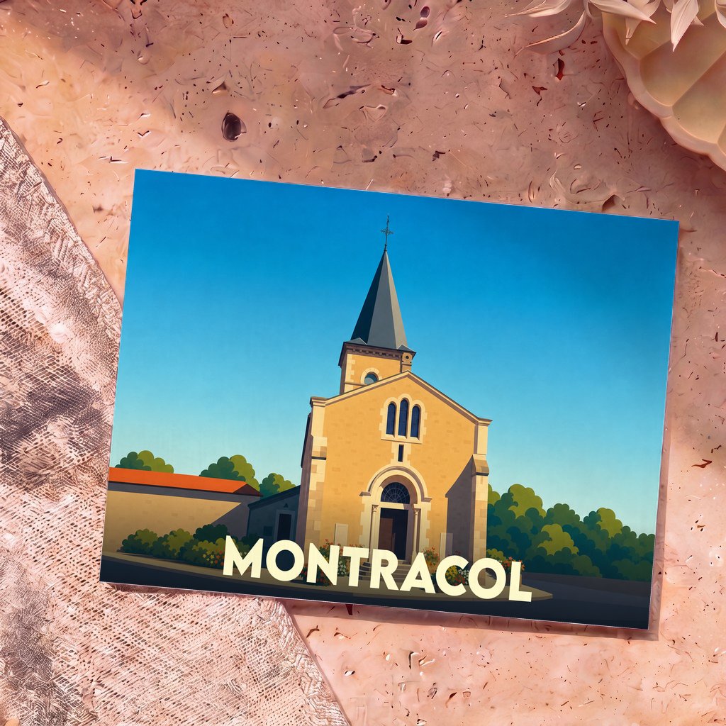 Carte postale souvenir de la ville de Montracol avec une illustration stylisée de son église.