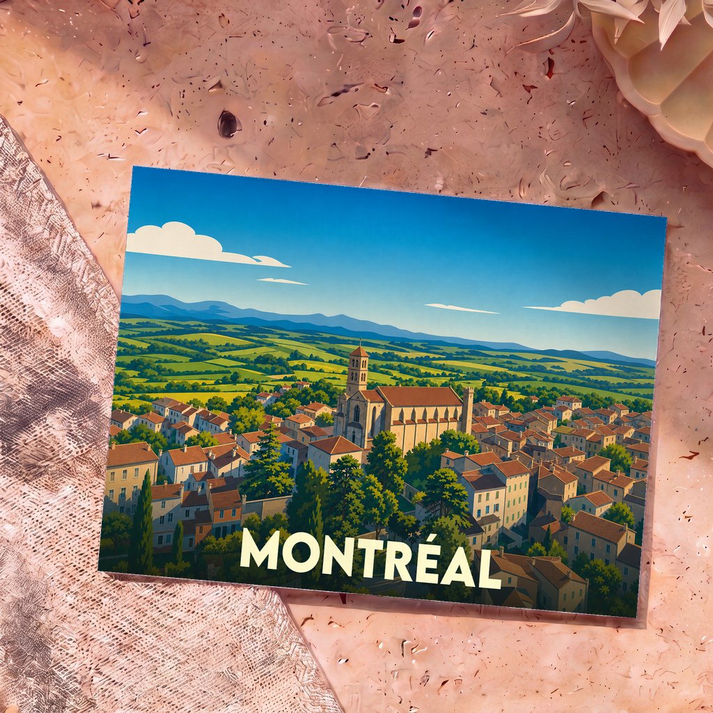 Carte postale souvenir de la ville de Montréal avec une illustration stylisée d'un village pittoresque niché dans une vallée verdoyante.