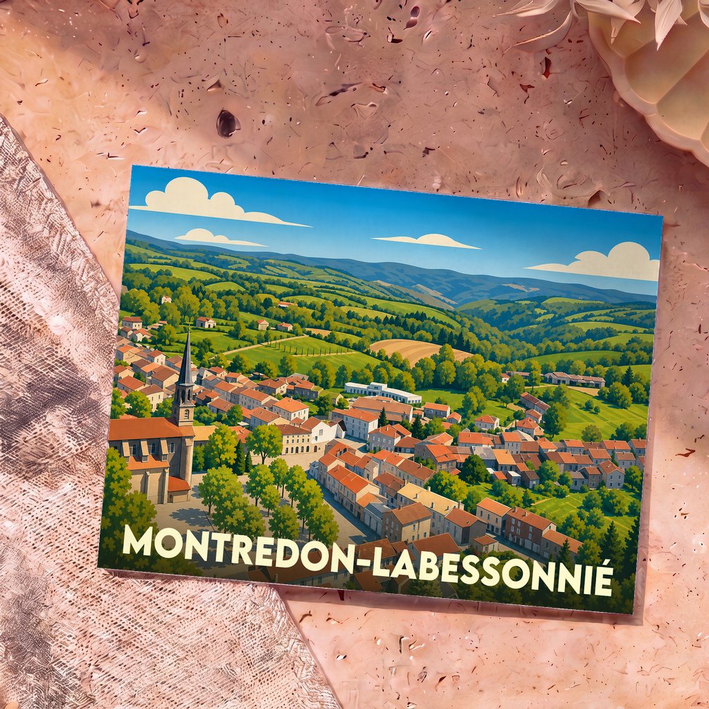 Carte postale souvenir de la ville de Montredon-Labessonnié avec une illustration stylisée d'un village vallonné.