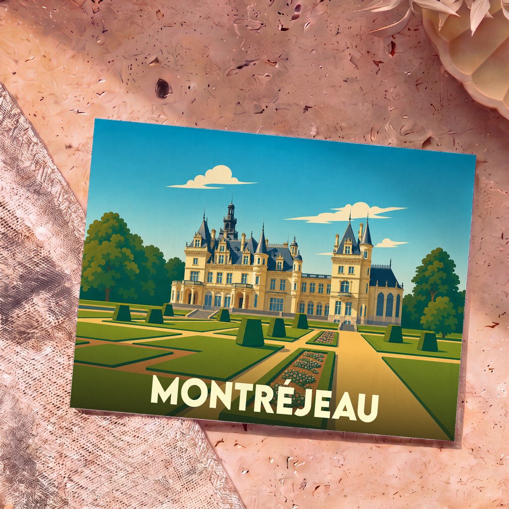 Carte postale souvenir de la ville de Montréjeau avec une illustration stylisée de son château et de ses jardins.