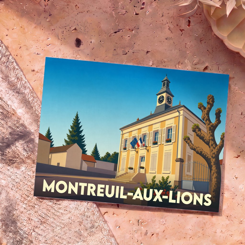 Carte postale souvenir de la ville de Montreuil-aux-Lions avec une illustration stylisée de sa mairie.