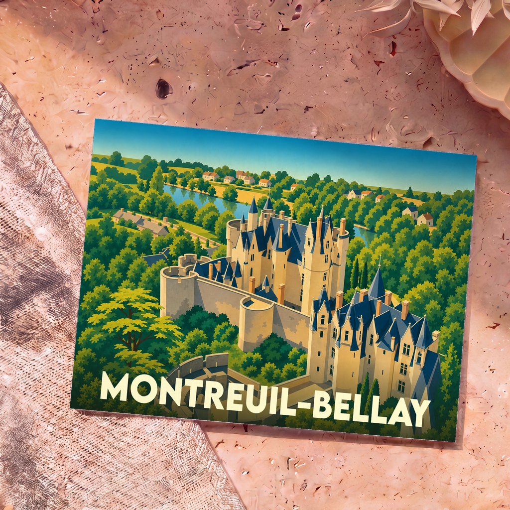 Carte postale souvenir de la ville de Montreuil-Bellay avec une illustration stylisée de son château.