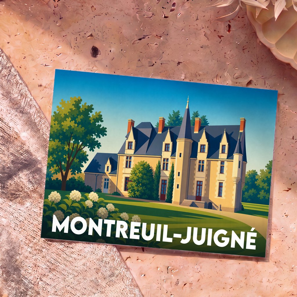 Carte postale souvenir de la ville de Montreuil-Juigné avec une illustration stylisée d'un château.