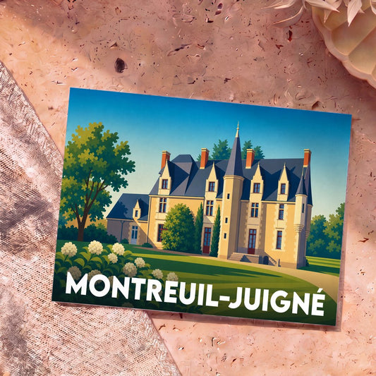 Carte postale souvenir de la ville de Montreuil-Juigné avec une illustration stylisée d'un château.
