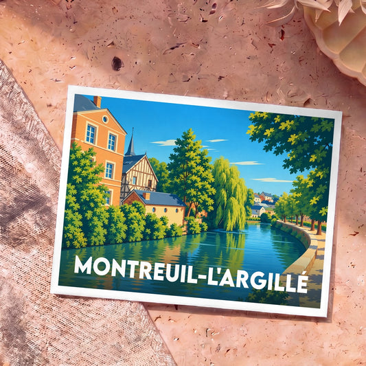 Carte postale souvenir de Montreuil-l'Argillé illustrant un paysage fluvial paisible aux couleurs vives.