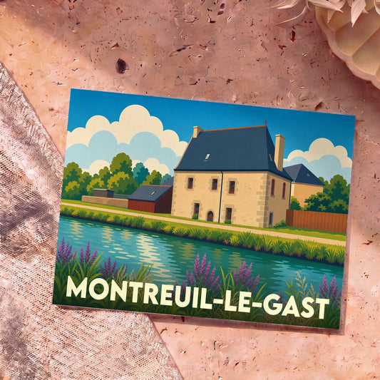 Carte postale souvenir de la ville de Montreuil-le-Gast avec une illustration stylisée d'une maison au bord de l'eau.