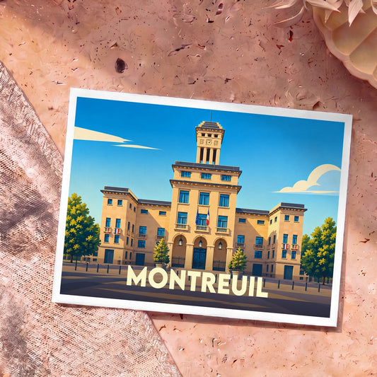 Carte postale souvenir de la ville de Montreuil avec une illustration stylisée de son hôtel de ville.