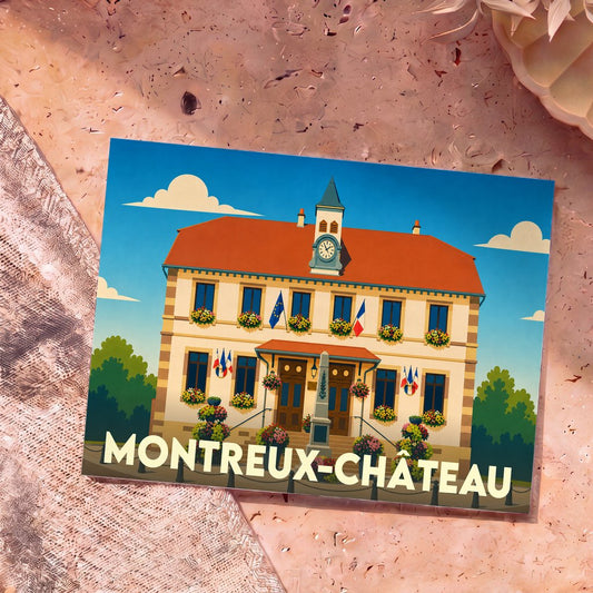Carte postale souvenir de la ville de Montreux-Château avec une illustration stylisée de sa mairie.