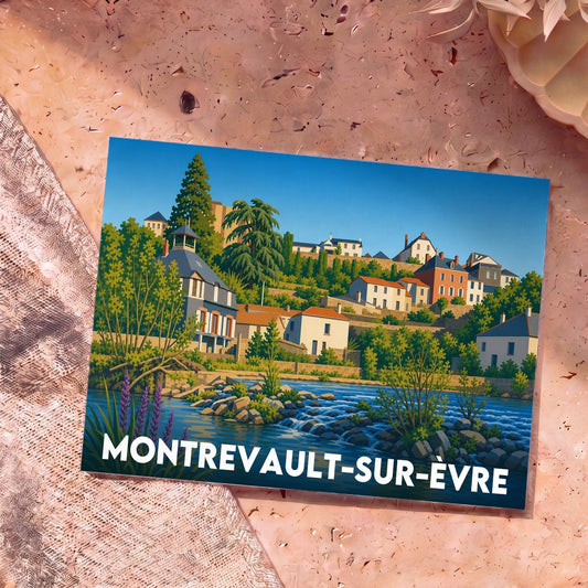 Carte postale souvenir de la ville de Montrevault-sur-Èvre avec une illustration stylisée.