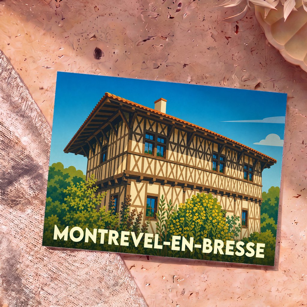 Carte postale souvenir de la ville de Montrevel-en-Bresse avec une illustration stylisée d'une maison traditionnelle à colombages.