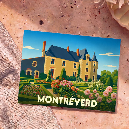Carte postale souvenir de la commune de Montréverd illustrant un château et ses jardins fleuris dans un style graphique épuré.