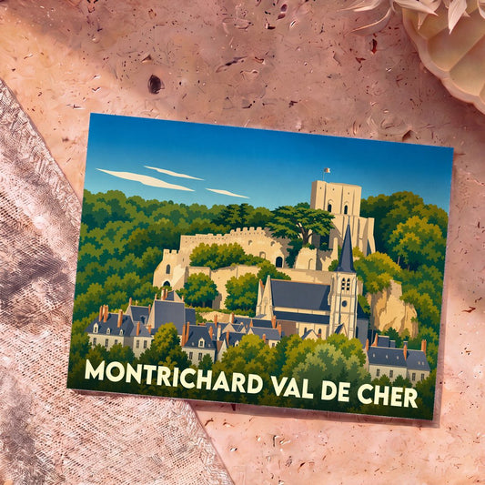 Carte postale souvenir de la ville de Montrichard Val de Cher avec une illustration stylisée de son château et de son église.