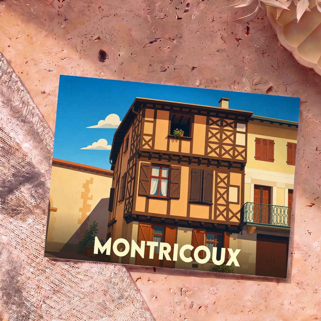 Carte postale souvenir de la ville de Montricoux illustrant une maison à colombages au style graphique épuré.