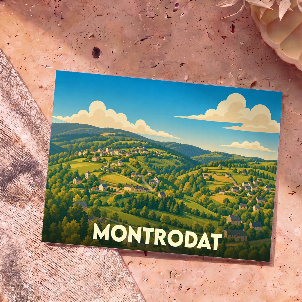Carte postale souvenir de la ville de Montrodat avec une illustration stylisée de son paysage vallonné.