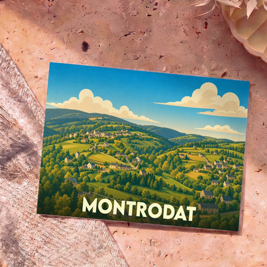 Carte postale souvenir de la ville de Montrodat avec une illustration stylisée de son paysage vallonné.