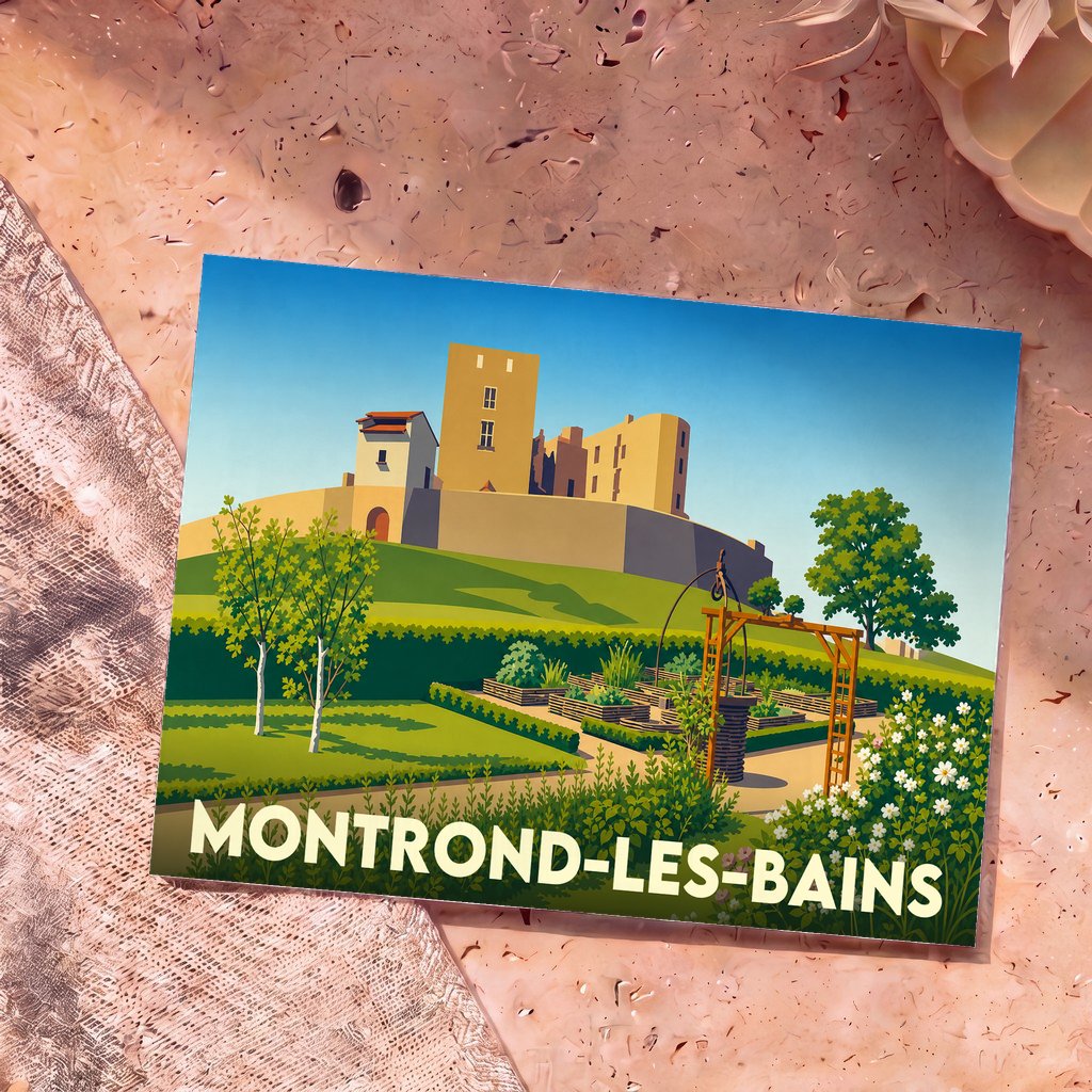 Carte postale souvenir de la ville de Montrond-les-Bains avec une illustration stylisée de son château et de ses jardins.