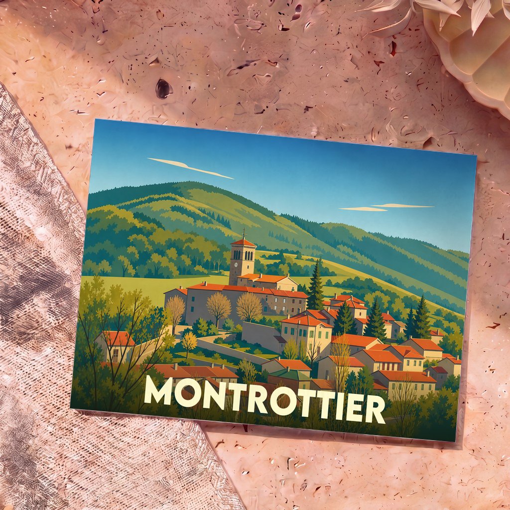Carte postale souvenir de la ville de Montrottier avec une illustration stylisée de son village et de ses collines.