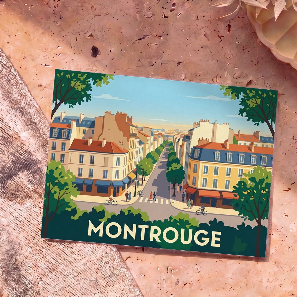 Carte postale souvenir de la ville de Montrouge avec une illustration stylisée d'une rue animée.