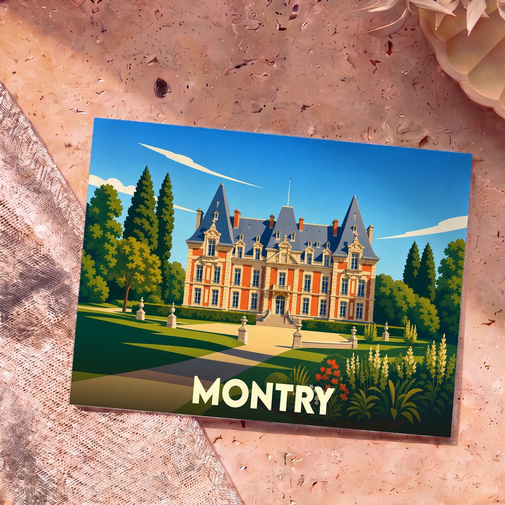 Carte postale souvenir de la ville de Montry avec une illustration stylisée de son château.