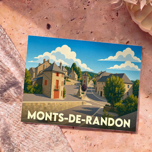 Carte postale souvenir de la ville de Monts-de-Randon avec une illustration stylisée de ses bâtiments en pierre.