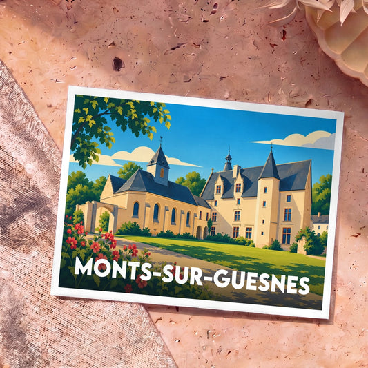Carte postale souvenir de la ville de Monts-sur-Guesnes avec une illustration stylisée de son château.