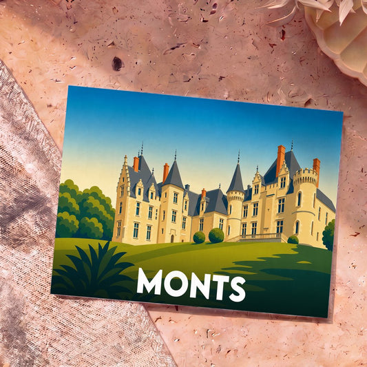 Carte postale souvenir de la ville de Monts illustrant un château stylisé sur un paysage verdoyant.
