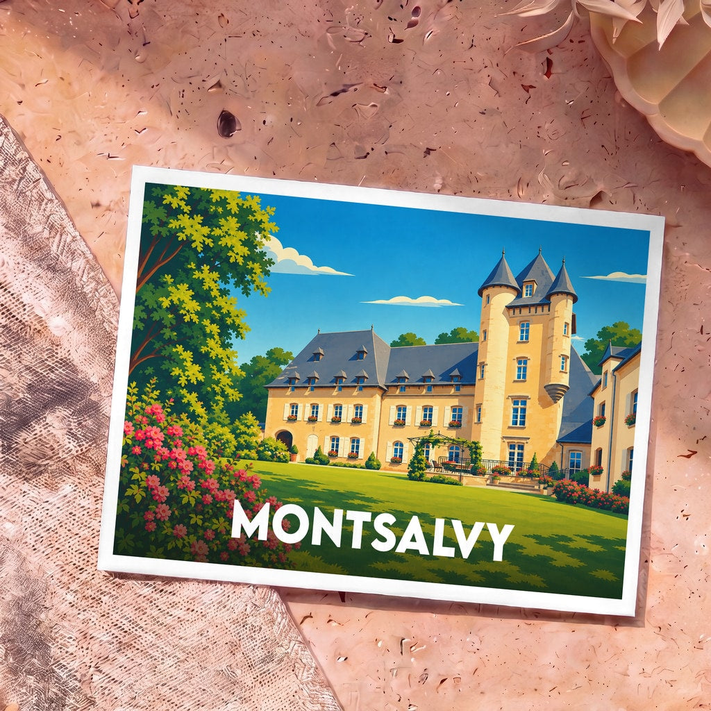 Carte postale souvenir de la ville de Montsalvy avec une illustration stylisée d'un château.