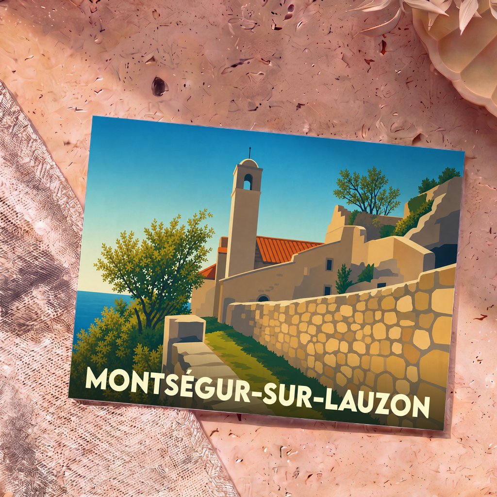 Carte postale souvenir de Montségur-sur-Lauzon illustrant son vieux village perché avec un style graphique épuré.