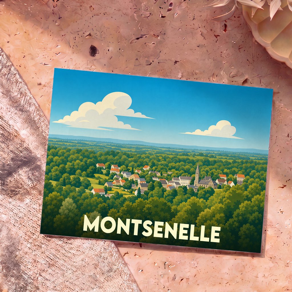 Carte postale souvenir de la commune de Montsenelle illustrée d'un paysage verdoyant de style affiche rétro.