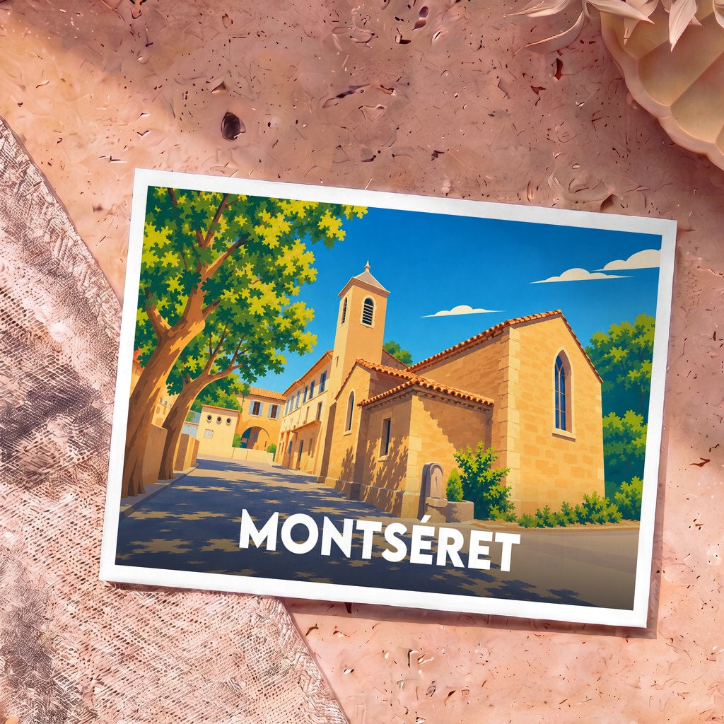 Carte postale souvenir de la ville de Montséret illustrant une église de village sous un ciel bleu ensoleillé.