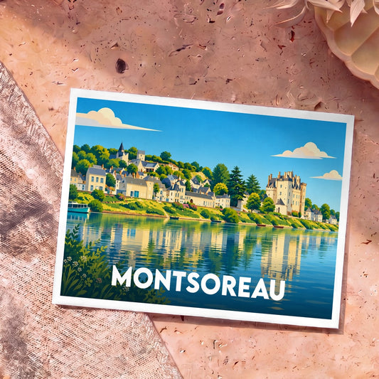 Carte postale souvenir de la ville de Montsoreau avec une illustration stylisée des bords de Loire et de son château.