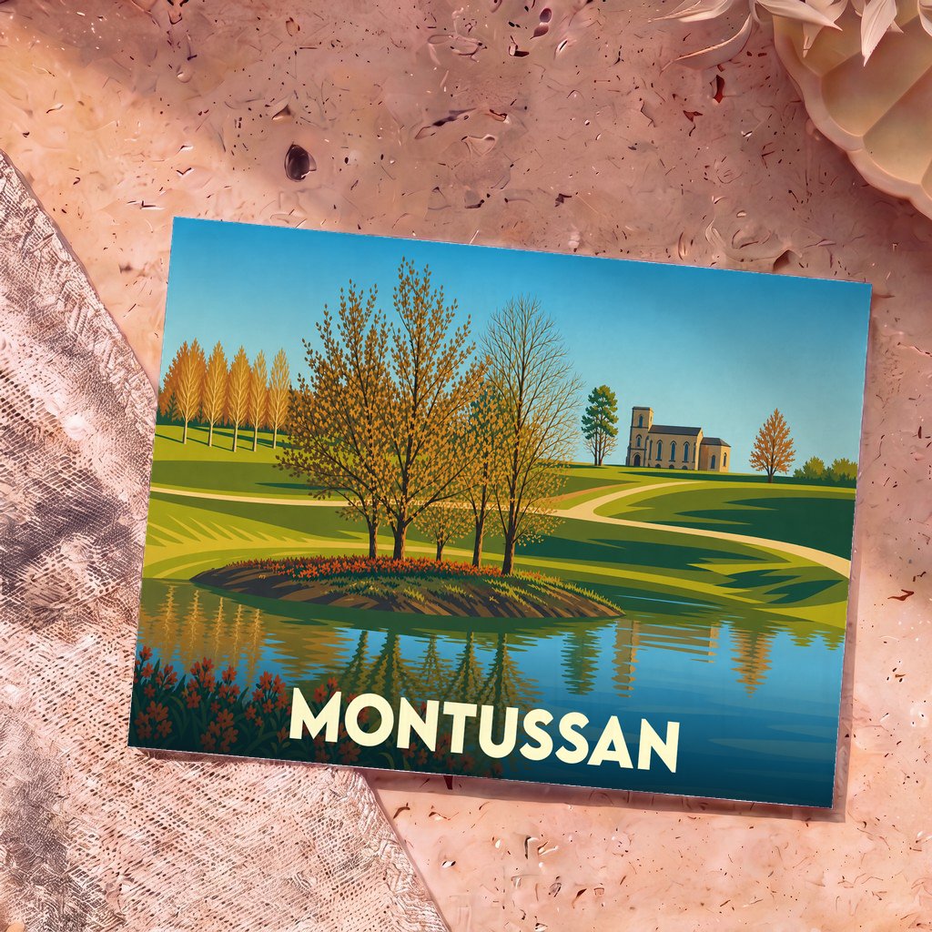 Carte postale souvenir de la ville de Montussan avec une illustration stylisée d'un paysage de campagne avec lac et église.