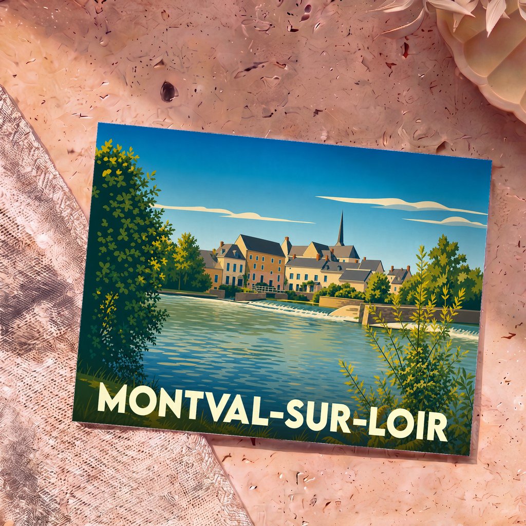 Carte postale souvenir de la ville de Montval-sur-Loir avec une illustration stylisée des bords du Loir.