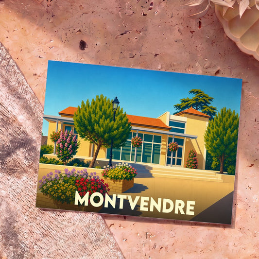 Carte postale souvenir de la ville de Montvendre illustrant un bâtiment ensoleillé avec des jardins fleuris.