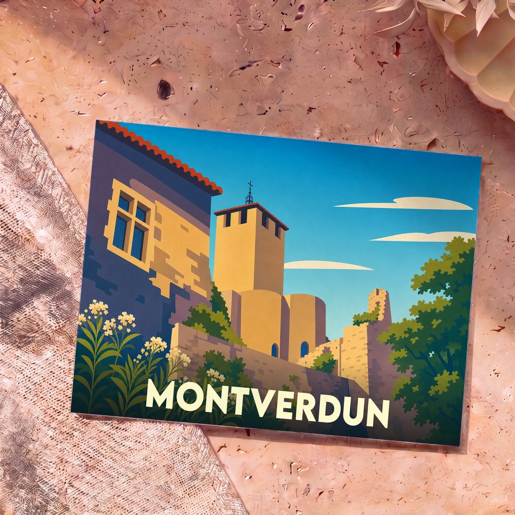 Carte postale souvenir de Montverdun présentant une illustration stylisée de son prieuré sous un ciel bleu.