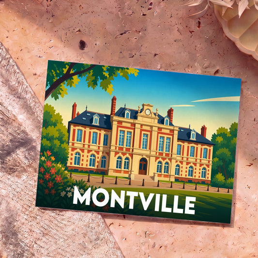 Carte postale souvenir de la ville de Montville avec une illustration stylisée d'un château.