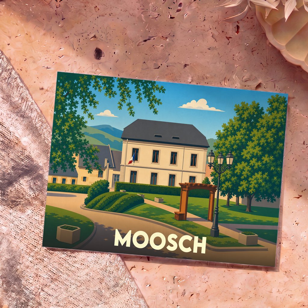 Carte postale souvenir de la ville de Moosch présentant une illustration stylisée de sa mairie et de son parc sous un ciel bleu.