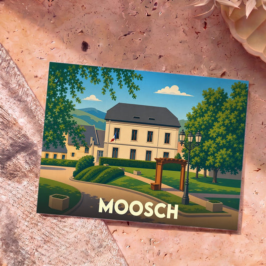 Carte postale souvenir de la ville de Moosch présentant une illustration stylisée de sa mairie et de son parc sous un ciel bleu.
