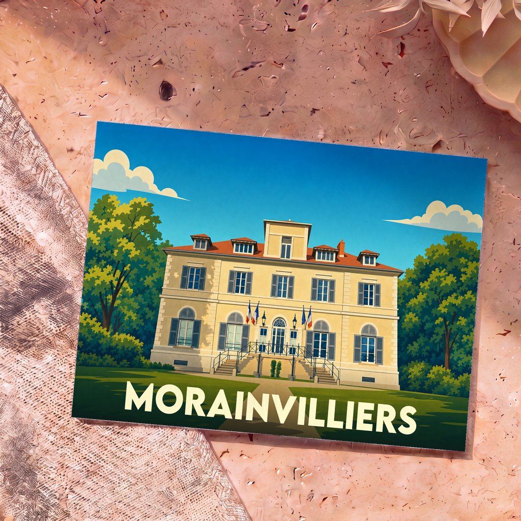 Carte postale souvenir de la ville de Morainvilliers illustrant la mairie dans un style graphique épuré.