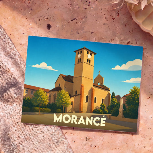 Carte postale souvenir de la ville de Morancé avec une illustration stylisée de son église sous un ciel bleu.