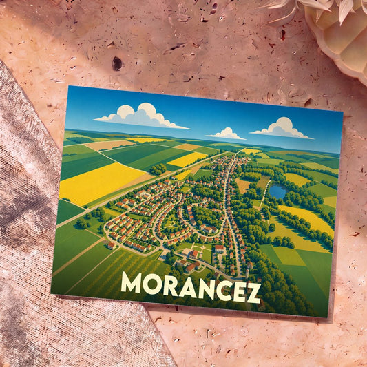 Carte postale souvenir de la ville de Morancez avec une illustration aérienne stylisée de ses paysages et habitations.
