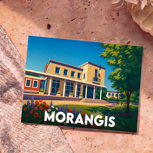 Carte postale souvenir de la ville de Morangis avec une illustration stylisée de son hôtel de ville.