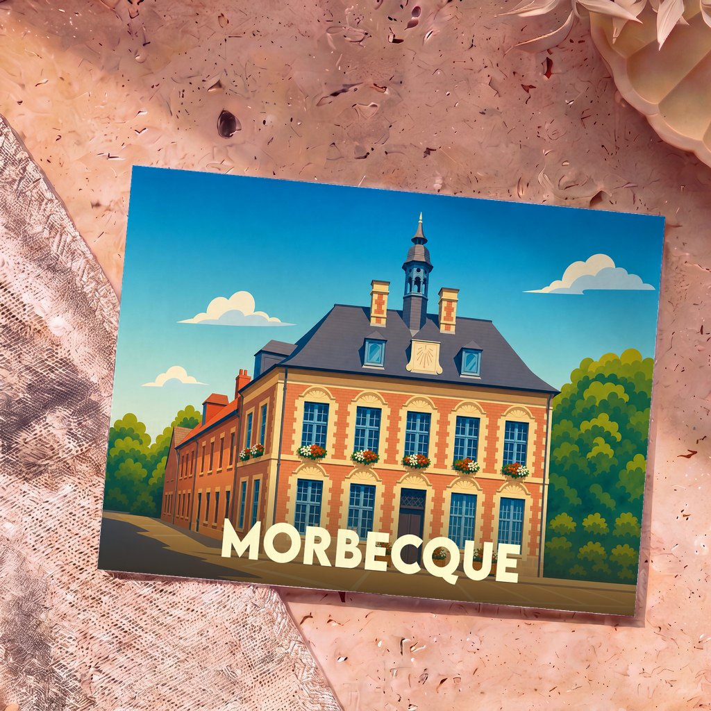 Carte postale souvenir de la ville de Morbecque avec une illustration stylisée de son hôtel de ville.