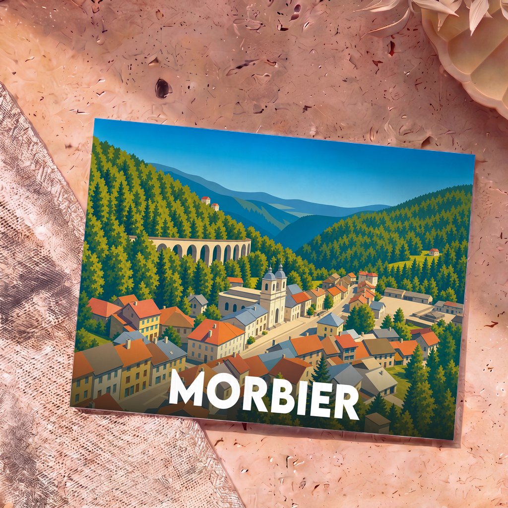 Carte postale souvenir de la ville de Morbier avec une illustration stylisée de son viaduc et de son église au cœur des montagnes.