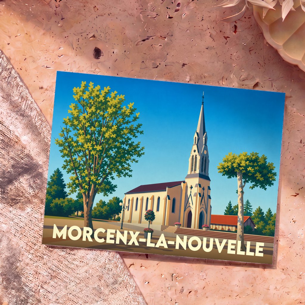 Carte postale souvenir de la ville de Morcenx-la-Nouvelle avec une illustration stylisée de son église et de sa végétation.