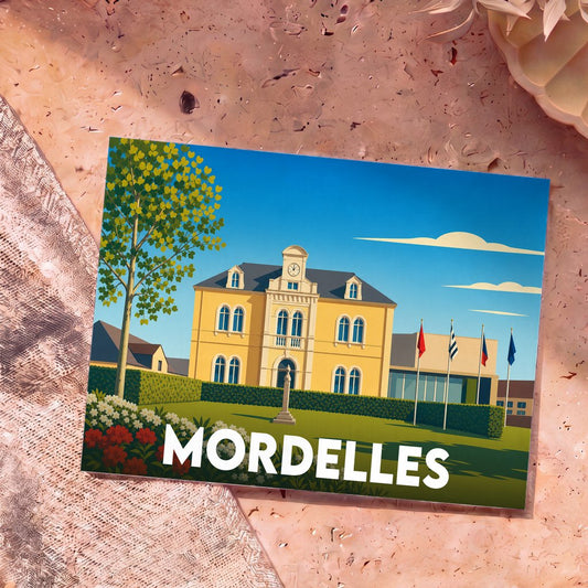 Carte postale souvenir de la ville de Mordelles avec une illustration stylisée de son hôtel de ville.